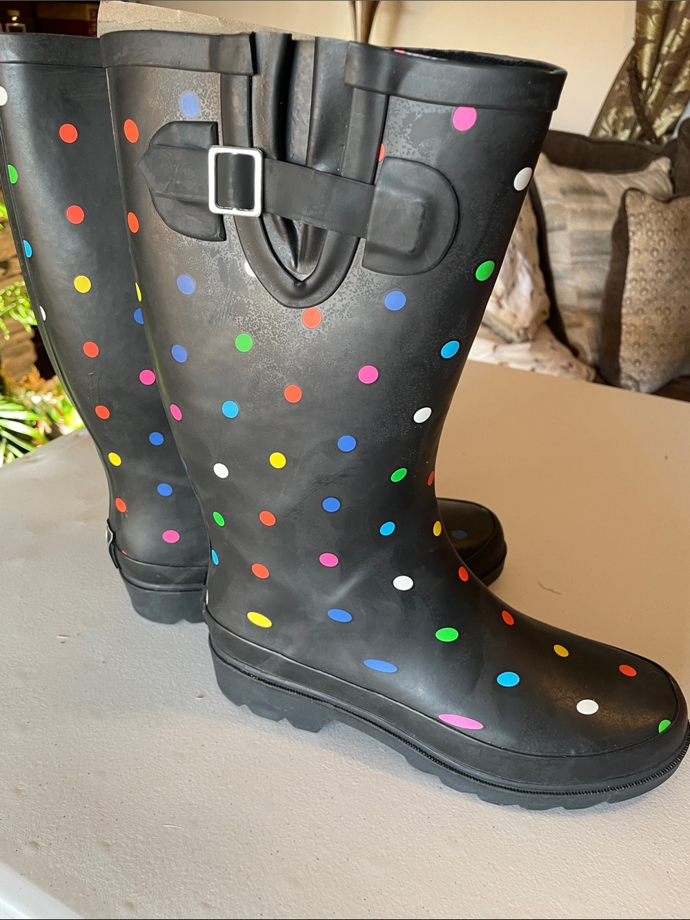 Black Polka Dot Women's Rain Boots - Colorful Dot Mid-Calf